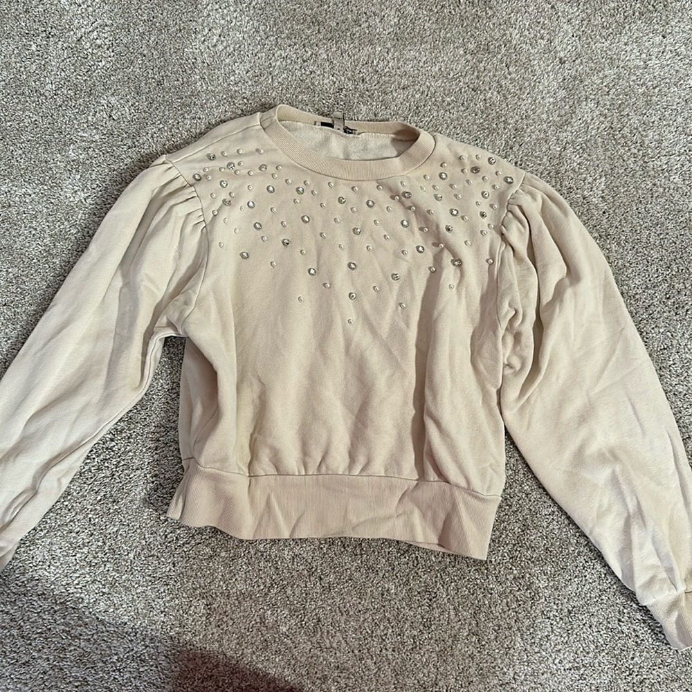 Express Cream Embellished Crew Neck Sweater